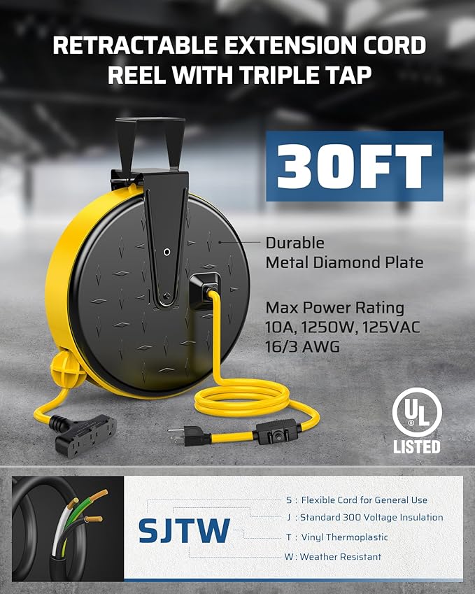 DEWENWILS 30 Ft Retractable Extension Cord Reel, Ceiling/Wall Mount 16/3 Gauge SJTW Power Cord with 3 Electrical Outlets Pigtail for Garage and Shop, 10 Amp Circuit Breaker, Metal Plate, UL Listed