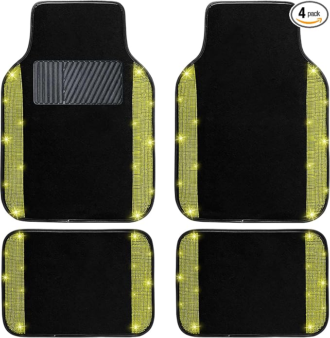 NBTEPEM Bling Car Floor Mats Full Set, Universal Fit Most Cars,SUV, Trucks, 4 pcs Sparkle Glitter Diamond Carpet for Women Girls with Anti-Slip Pad (Yellow Diamond)