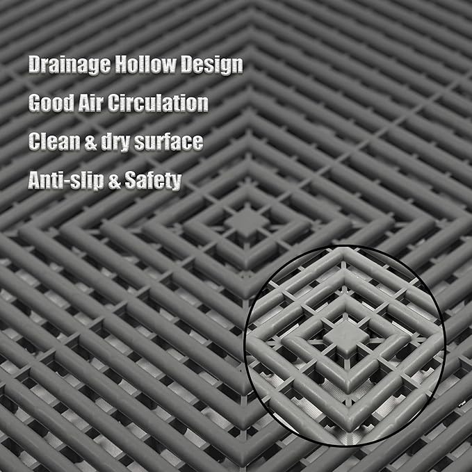 12 Pack 16"x16" Interlocking Garage Floor Tiles - Drainage Mats, Non-Slip, Heavy-Duty, Easy Install for Garage, Car Wash, Basement(Gray)