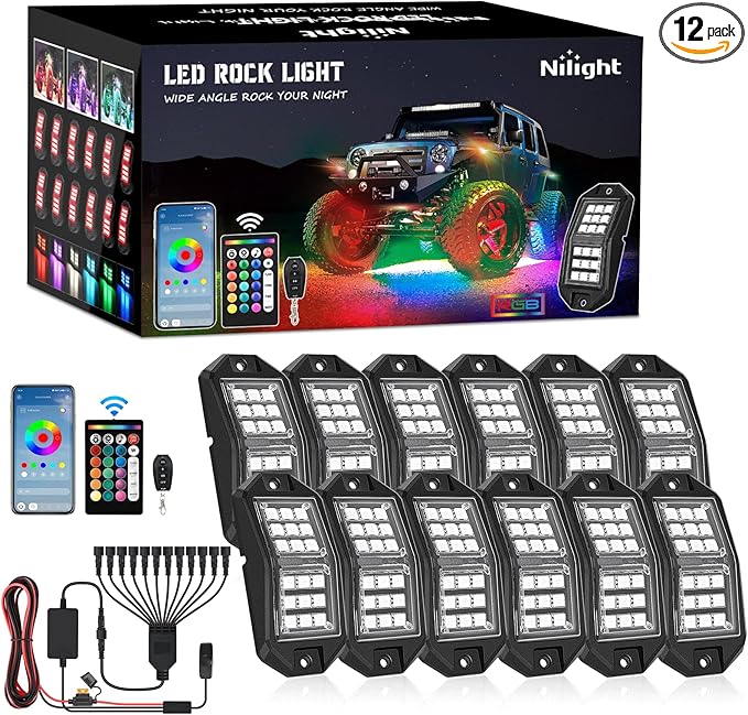 Nilight RGB LED Rock Lights Kit 12 PCS 18LED Wide Angle Wheel Well Light with Remote & Bluetooth App Dual Control Multi Modes Underglow Multicolor Neon Pod for ATV UTV SUV Offroad Truck RZR Boat