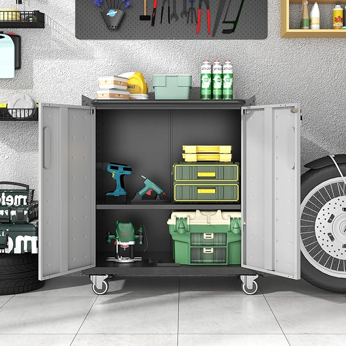Metal Storage Cabinet with Wheels, Rolling Tool Cabinet with Doors and Shelves, Lockable Garage Storage Cabinet, Assembly Required (Black & Grey)