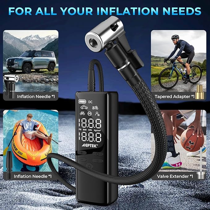 AGPTEK Tire Inflator Portable Air Compressor-150PSI & 5000mAh Tire Pressure Gauge Electric Air Pump,LCD Display with LED Light for Cars, Bikes & Motorcycle Tires, Balls