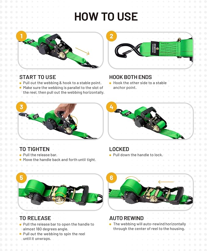 Strapinno Retractable Ratchet Tie-Down Straps,5,000 lbs Breaking Strength- 2 in x 12 ft Heavy Duty Ratchet Strap with Safety Lock S Hooks for Motorcycles, ATVs, UTVs, Lawn Equipment & Cargo (Green)