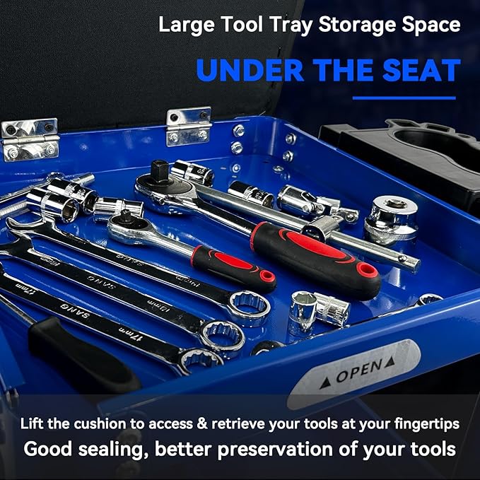 Rolling Creeper Garage Shop Seat for Men, Padded Mechanics Stool with Tool Tray Storage for Garage, Rolling Workshop Stool with Wheels, Auto Creeper Seat, 330 LBS Capacity, Heavy Duty, Blue