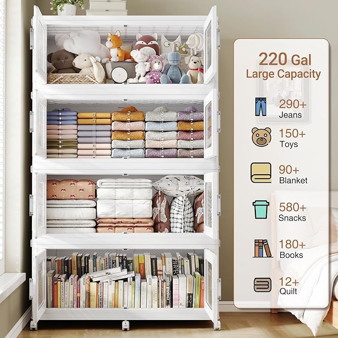 880 Qt Stackable Storage Bin with Lid, 220Gal Extra Large Collapsible Storage Boxes, Folding Plastic Drawer, Heavy-Duty Store Cabinet, Closet Organizer for Home Kitchen, 4 Pack White