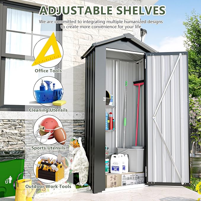 Outdoor Metal Storage Shed, Waterproof Garden Tool Shed with Lock, Galvanized Steel Utility Cabinet, Weather-Resistant Storage Locker for Backyard, Patio, Garage Tools Organization (Black)