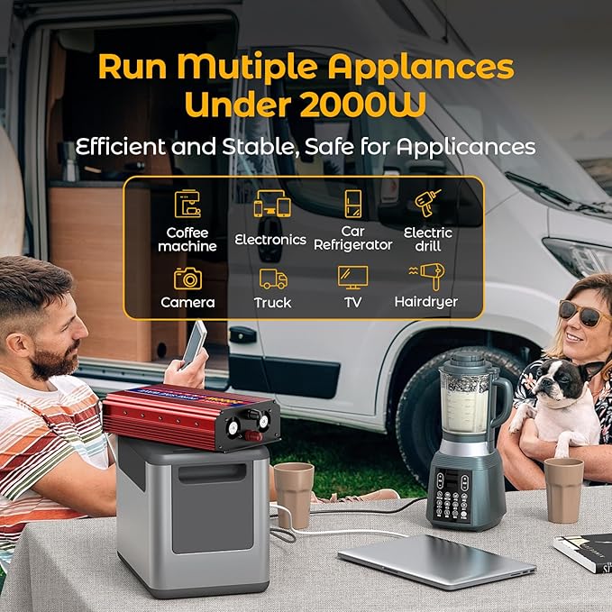2000W Pure Sine Wave Inverter, 12V DC to 110V/120V AC Power Inverter for RV、Microwave、Off Grid、Truck、Refrigerator、with 2 AC outlets and LCD Display