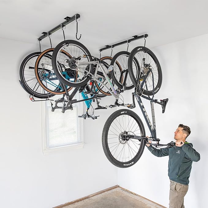 Teal Triangle Ceiling Mounted Bike Rack for Garage - Premium Bicycle Stand & Hanger for Space-Saving Storage | Adjustable Ceiling Hooks Hold 4-8 Bikes - Indoor Bicycle Rack System for basement