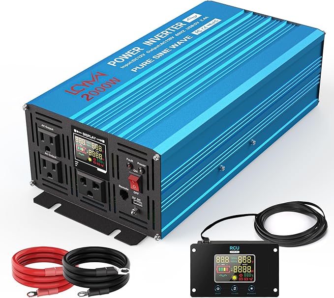 2000 Watt Inverter Pure Sine Wave DC 12V to 110V AC Power Inverters with 3 AC Charger Outlets, Car Inverter Solar Power Inverters for Vehicles Home with LCD Display and 2.4A USB Charging Ports