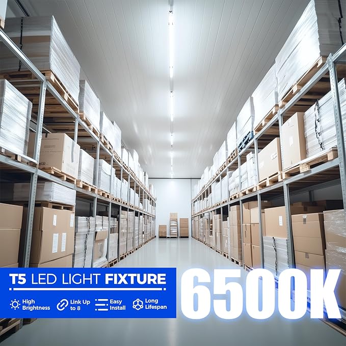 Barrina (6 Pack LED T5 Integrated Single Fixture, 4FT, 2200lm, 6500K Super Bright White, 20W Utility LED Shop Light, Ceiling and Under Cabinet Light, Corded Electric with ON/Off Switch, ETL Listed