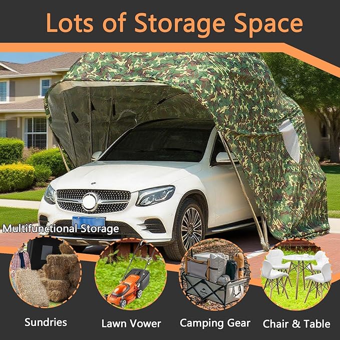 Car Port Portable Storage Shed Carport Canopy Carports Metal Carport Round Style Outdoor Storage Shed Lockable for Automotive Use Anti-Snow Waterproof(Camouflage)