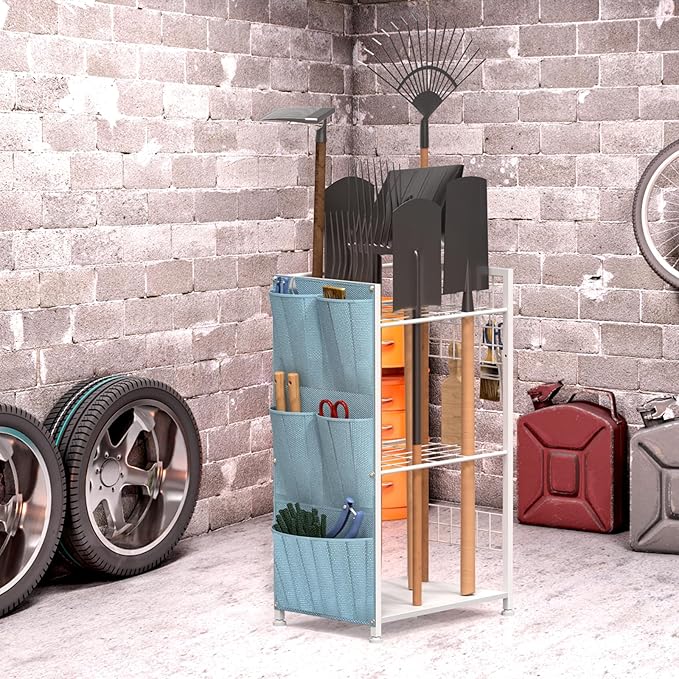 YBING Garden Tool Organizer, Yard Tool Stand with Side Storage Pockets, Yard Tower Rack for Garage Storage, Freestanding Tools Organizers and Storage for Shed, White