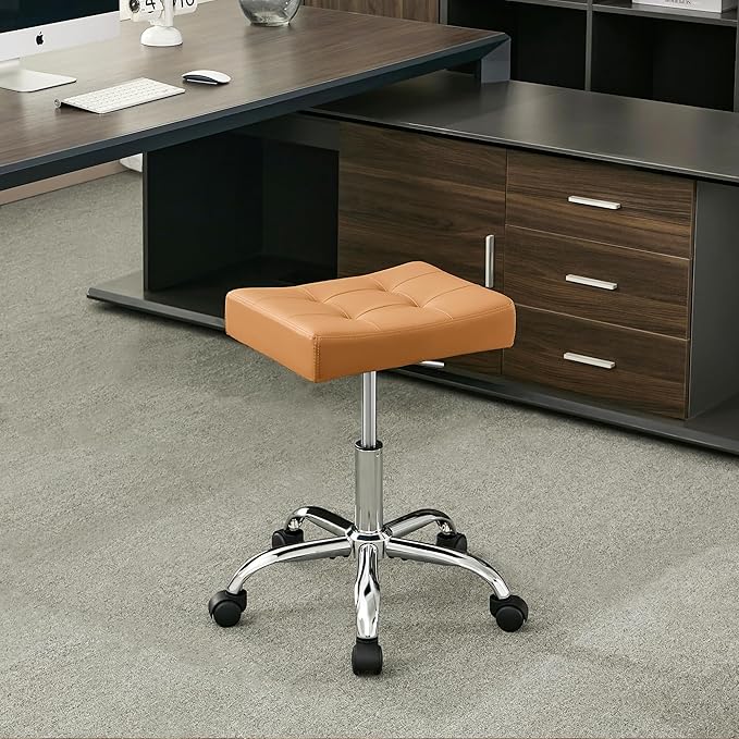 Office Stool with Wheels (300lbs Capacity) (Adjustable Height 17"-21") Brown Faux Leather Workbench Stool (Camel Brown)