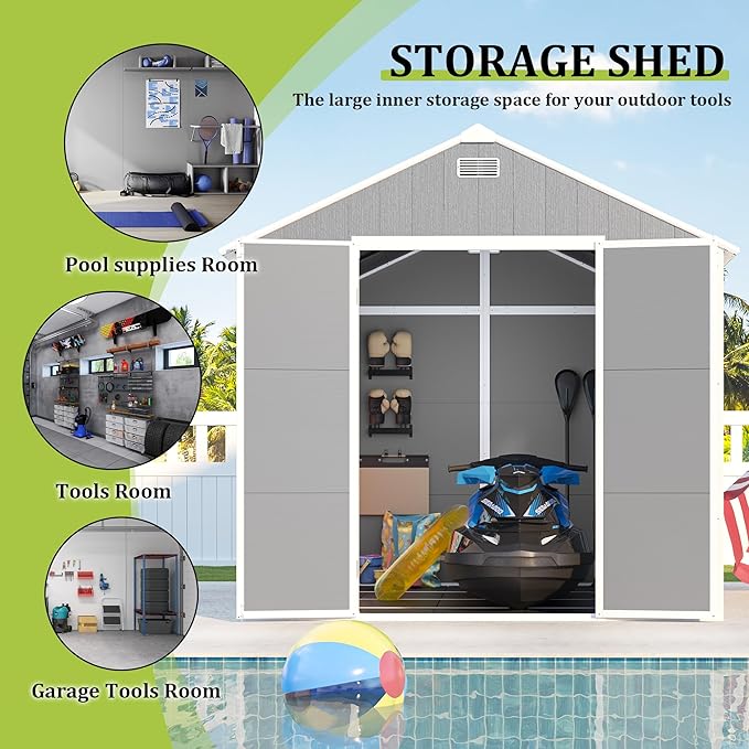MyVoice 8x8 FT Outdoor Resin Storage Shed with HD Window, Rustproof Waterproof Garden Tool Shed, 12mm Thickened PP Panels, Large Capacity Outdoor Utility House for Backyard Patio (with Floor)