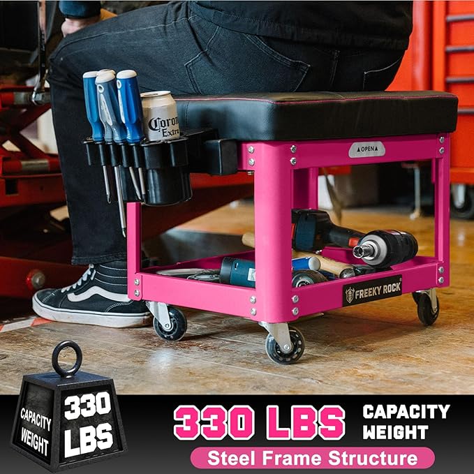 Rolling Mechanic Shop Stool with Wheels, Garage Mechanics Stool with 2 Layer Repair Tools Tray, Padded 360° Swivel Automotive Roller Creeper Seat Shop Chair, Heavy Duty, 330 LBS Capacity, Pink