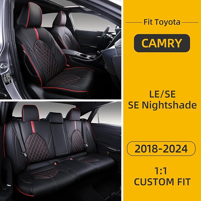 Custom Fit Camry Seat Covers for Toyota Camry LE,SE,SE Nightshade 2018-2024 Full Coverage Waterproof Breathable Leather Car Seat Covers Full Set(Black with Red Trim)