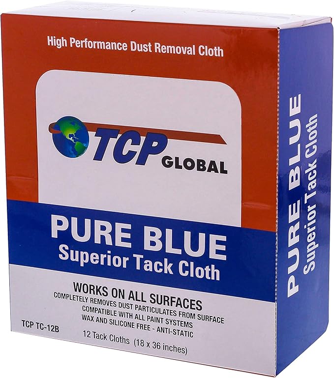 TCP Global Pure Blue Superior Tack Cloth, 12-Pack, Automotive & Woodworking, Dust/Stain/Paint Rags, Tac Cloth for Autobody