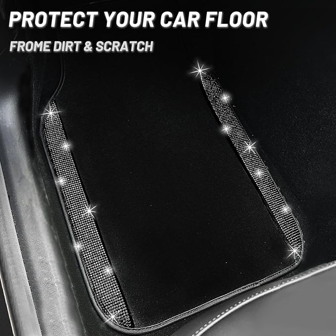 NBTEPEM Black Bling Car Floor Mats Full Set, Universal Fit Most Cars,SUV, Trucks, 4 pcs Sparkle Glitter Diamond Carpet for Women Girls with Anti-Slip Pad (Black Diamond)
