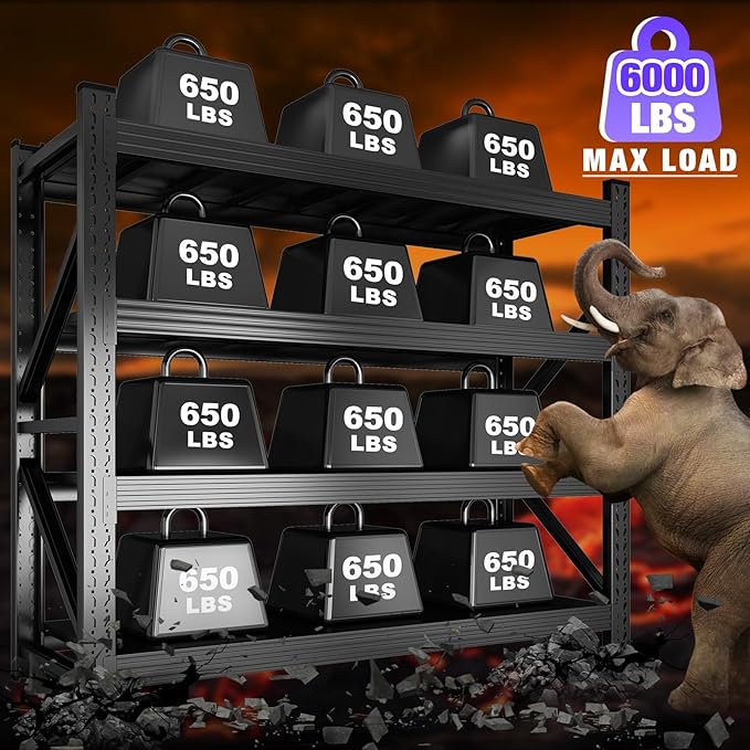 Metal Garage Shelving Unit, Heavy Duty 4-Tier Adjustable Storage Rack, 6000 LBS Loads Industrial Utility Shelves for Garages, Warehouses, Kitchen, Black, 71" W x 24" D x 71" H