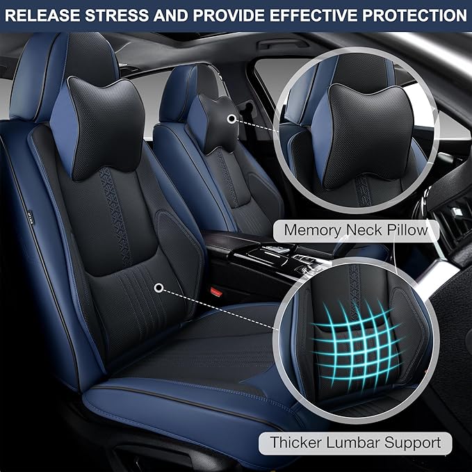 Front Seat Covers, 2 Pieces Universal Seat Covers for Cars, Waterproof Leather Auto Seat Protectors with Head Pillow, Car Seat Cushions Fit for Most Sedans SUV Pick-up Truck, Black&Navy