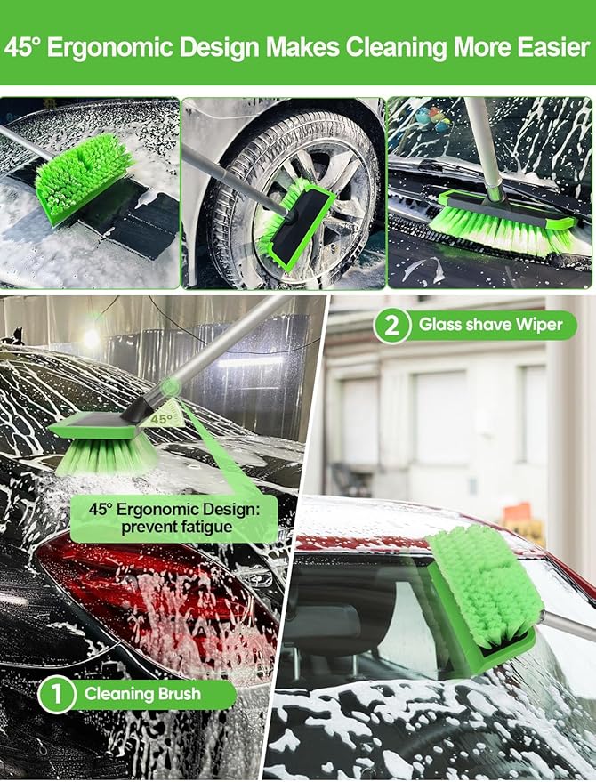 2 in 1 Car Wash Brush with Squeegee PBT Soft Bristle Truck Scrub Detail Brush 60” 151cm with Adjustable Long Handle for Interior Exterior Car Truck RV Boat Deck House Siding Cleaning Sweep Snow