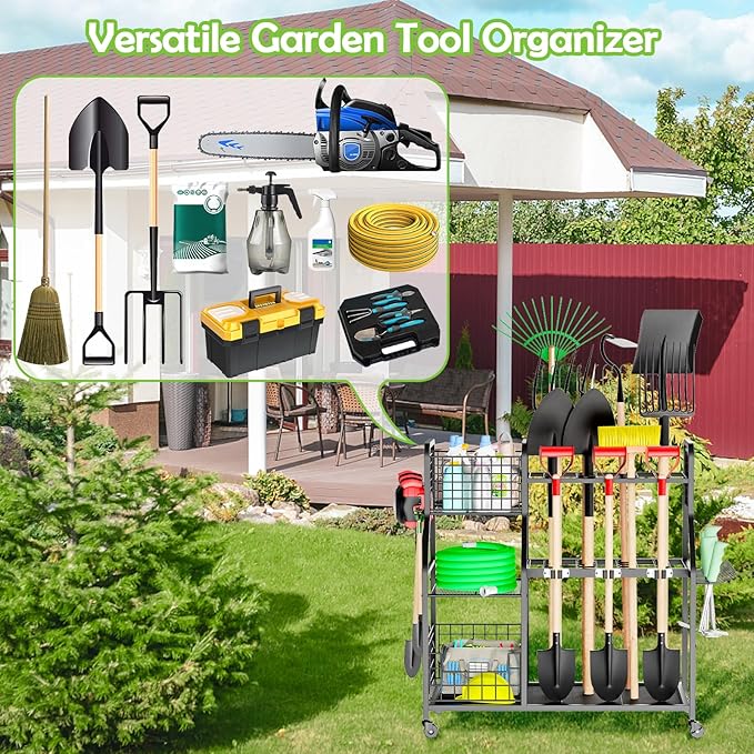 Garden Tool Organizer for Garage, 3 Tier Utility Yard Tool Organizer and Storage Holder with Wheels, Large Garden Tool Rack with Extra Storage Basket for Shed/Garage/Yard/Basement/Lawn