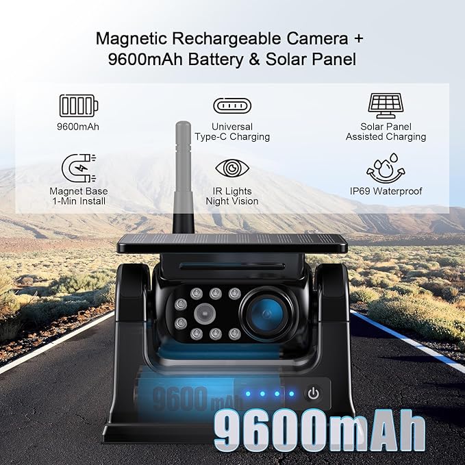 Fookoo 2 Magnetic Solar Wireless Backup Camera 10.1" IPS Touchscreen Monitor 1 Min DIY Install Portable Scratch-Proof No Drilling HD 1080P DVR Rechargeable Night Vision for RV Truck Camper - DCM102