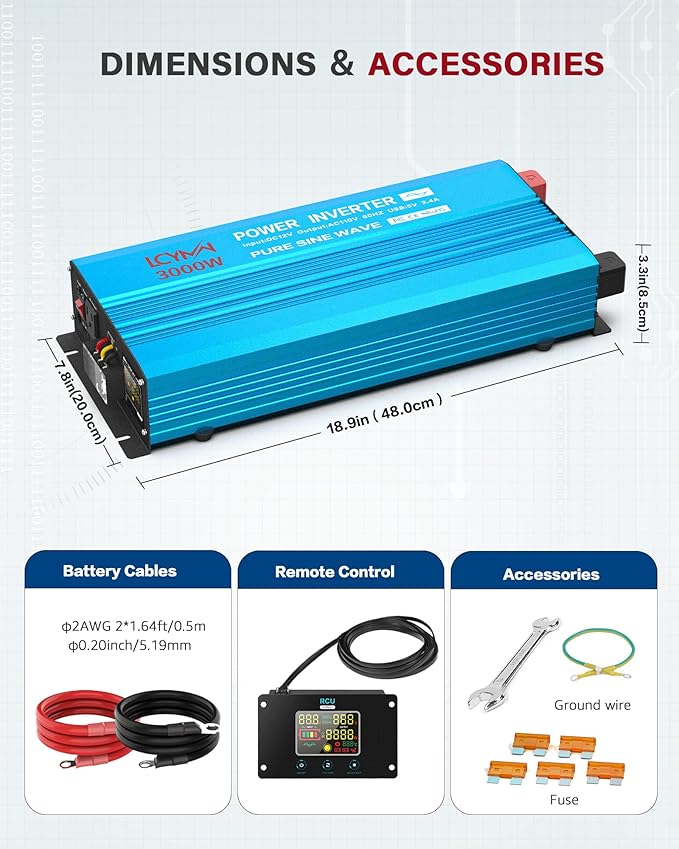 3000 Watt Inverter Pure Sine Wave DC 12V to 110V AC Power Inverters with 3 AC Charger Outlets, Car Inverter Solar Power Inverters for Vehicles Home with LCD Display and 2.4A USB Charging Ports
