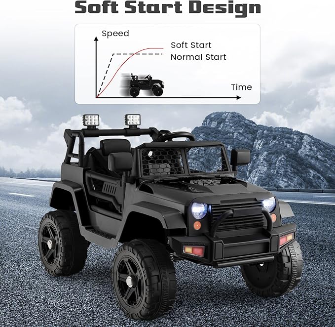 OLAKIDS Kids Ride On Truck, 12V Electric Vehicle Jeep Car with Remote Control, Toddlers Battery Powered Toy with 2 Speeds, Spring Suspension, Double Open Doors, LED Lights, Music, TF, USB, Mp3 (Black)