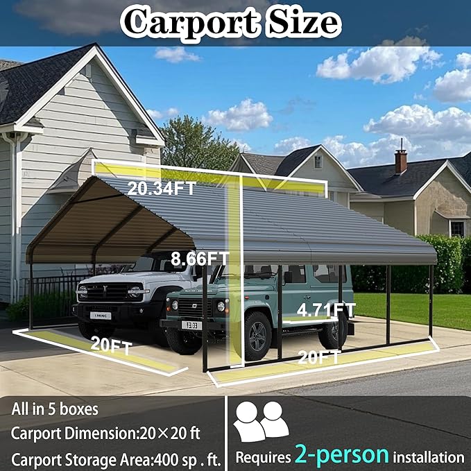 10x20FT/20x20 FT Metal Carport Heavy Duty for 2 Cars - Frame Shelter Car Garage Kits for All-Weather,Car Canopy Reinforced with Safe Boat Cover Car Ports for Yard Protection (20 X 20 FT)