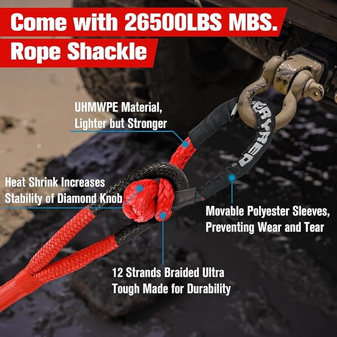 FieryRed 3/4” x 20FT Kinetic Recovery Rope Kit with 2 Soft Shackles, 26500LBS MBS Heavy Duty Tow Rope Snatch Strap Offroad for SUV, Truck, Car and Tractor