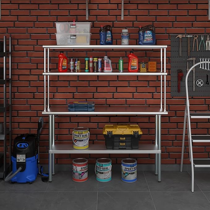 Amgood Stainless Steel Work Table Wide Double Tier Overshelf | NSF | Metal Kitchen Prep Table & Shelving Combo (14" x 60" Work Table + 12" Overshelf)