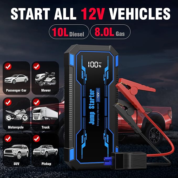 Car Jump Starter 6000A Car Battery Jump Starter Portable,12V Battery Jumper Starter Portable(10.0L Gas/8.0L Diesel),LCD Display Jump Box Jump Starter Battery Pack with Jumper Cable & Flashlight-Blue