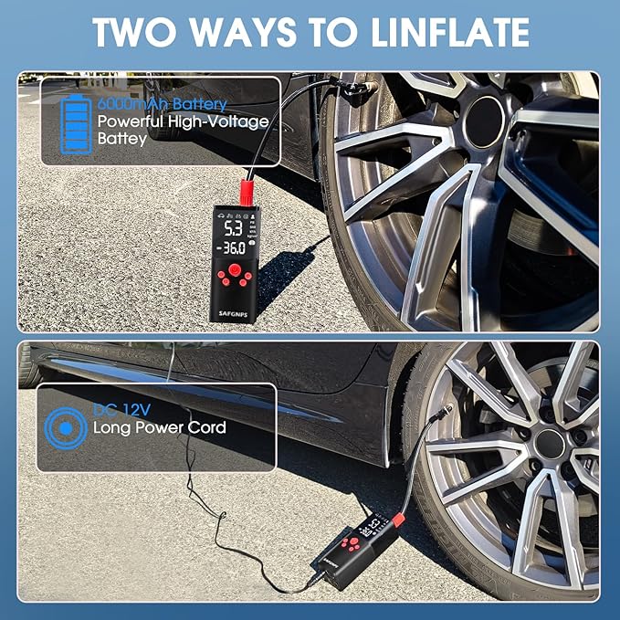 Tire Inflator Portable Air Compressor, 150PSI Cordless Portable Tire Inflator for Car, 3X Fast Smart Air Pump for Car Tires, Bike Pump, Motorcycle, Ball - Digital Pressure Gauge/LED