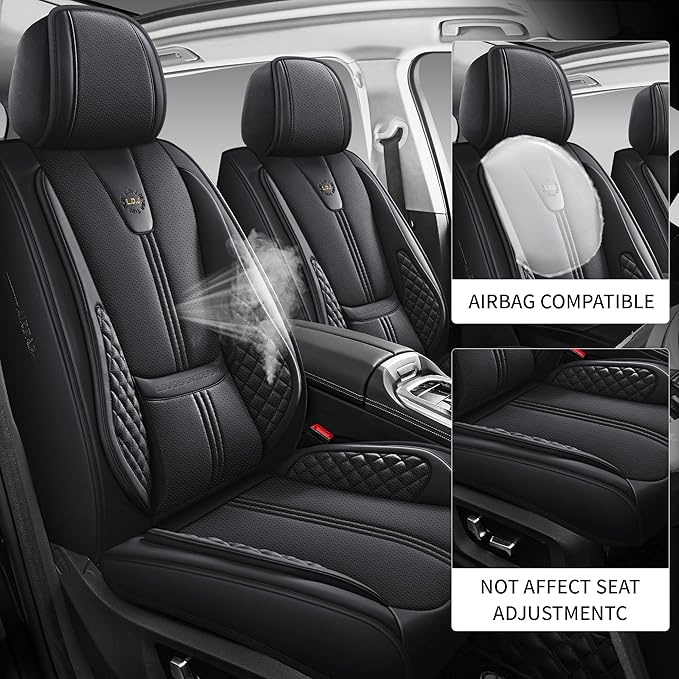 Car Seat Covers Front Only, Black Seat Cover for Cars Compatible Airbag, Easy Install Luxury Leather Automotive Seat Covers with Lumbar Support, for Car, Truck, SUV, Black