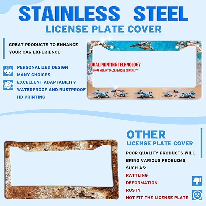 Sea Turtle License Plate Frame Seaside Beach Stainless Steel License Plate Holder for Front or Rear Car Tags Funny for Car Decoration Accessories with Screws 6.3 X 12.2 in for Women Men