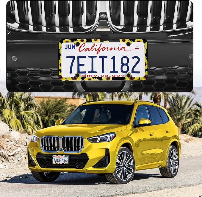 LivTee Flower License Plate Frames, 4 Holes Stainless Steel License Plate Covers, 2PCS Car License Plate Holder, Automotive Exterior Accessories, Sunflower
