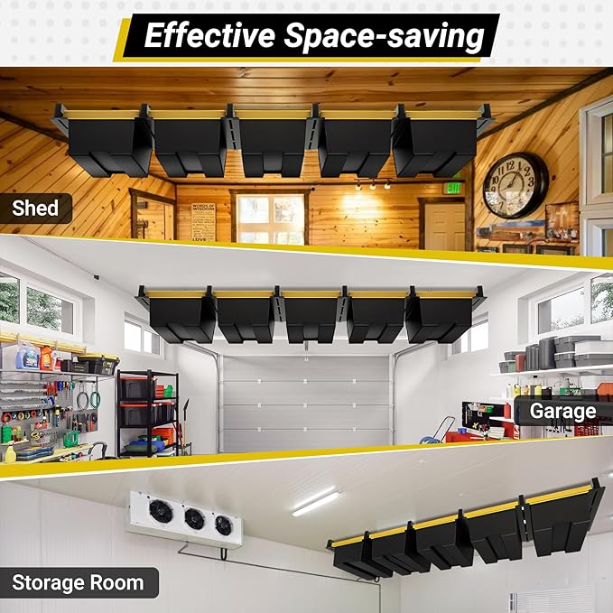 5-bin Overhead Garage Storage Rack, Heavy Duty Ceiling Storage Racks, Powder Coated Tote Storage Rack for Garages, Sheds, Storerooms (6 PCS, for 5 Bins)