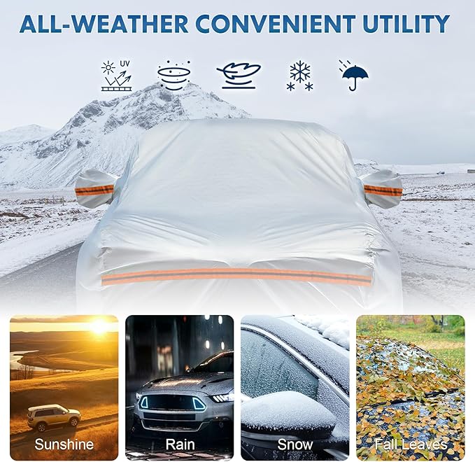 KEYOOG Car Cover, Fit for 178"-189" Length Sedan, 6-Layer All-Weather Waterproof, Universal in All Seasons, Snow Prevention, Rainproof, Acid Rainproof, Sunscreen, Orange Reflective Strip
