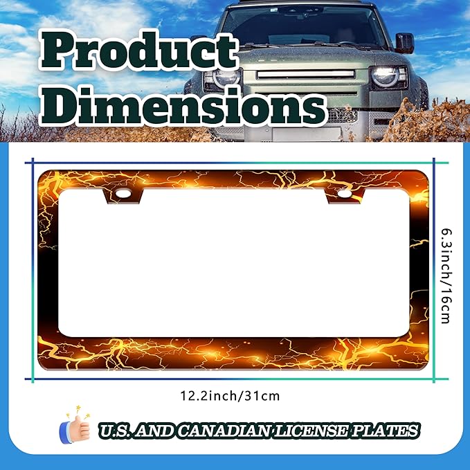 Yellow Red Thunder and Lightning License Plate Frame Fantasy Landscape License Plate Holder for Front and Rear Car Tags Stainless Steel Car Funny Decoration with Screws 6.3 X 12.2 Inch for Men Women