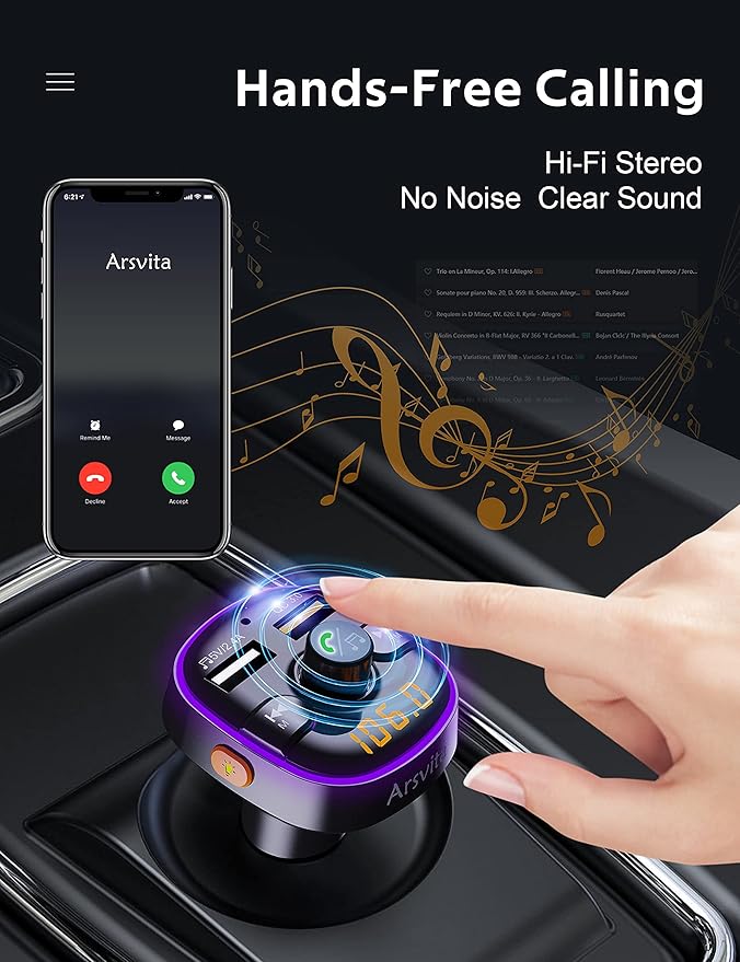 Arsvita Bluetooth FM Transmitter for Car, Radio Receiver/Audio Adapter with Dual Car Charger, Support QC3.0 Quick Charging, Hands-Free Calling and Hi-Fi Sound Playback, Black