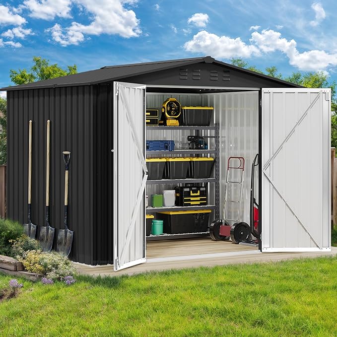 DWVO 8x6FT Outdoor Storage Shelter, Roomy Steel Tool Shed with Secure Entrances & Air Circulation for Patio, Lawn, and Backyard, Ideal for Storing Garden Gear, Lawn Tools, and Bikes, Dark Gray