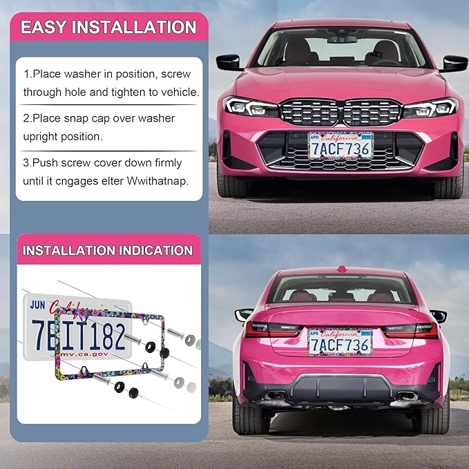 LivTee Flower Floral License Plate Frames, 4 Holes Stainless Steel License Plate Covers, 2PCS Car License Plate Holder, Automotive Exterior Accessories
