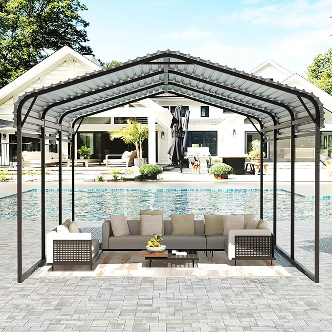 EBE 10 x 15 FT Outdoor Carport, Heavy Duty Metal Carports with Galvanized Steel Roof, Carport Canopy Garage Shelter Shade for Car, SUV, Truck, Boats and Tractors