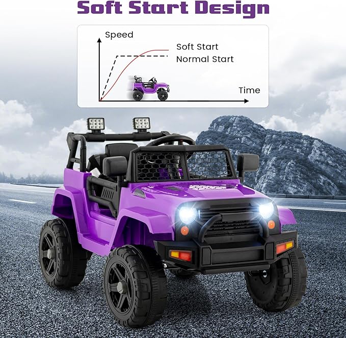 OLAKIDS Kids Ride On Truck, 12V Electric Vehicle Jeep Car with Remote Control, Toddlers Battery Powered Toy with 2 Speeds, Spring Suspension, Double Open Doors, LED Light, Music, TF, USB, Mp3 (Purple)