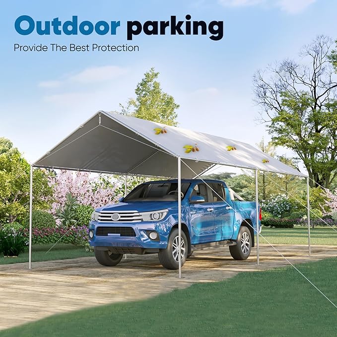 Quictent 10x20 ft Heavy Duty Car Canopy Galvanized Frame Carport Outdoor Party Tent Boat Shelter with 3 Reinforced Steel Cables - Grey