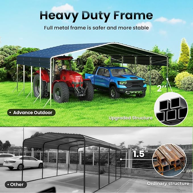 20x20ft Heavy Duty Metal Carport – Outdoor Galvanized Garage, Sturdy Structure, All-Weather Protection, Easy Assembly for Cars, Trucks, Boats, Tractors, and Outdoor Storage (Grey, 20x20FT)