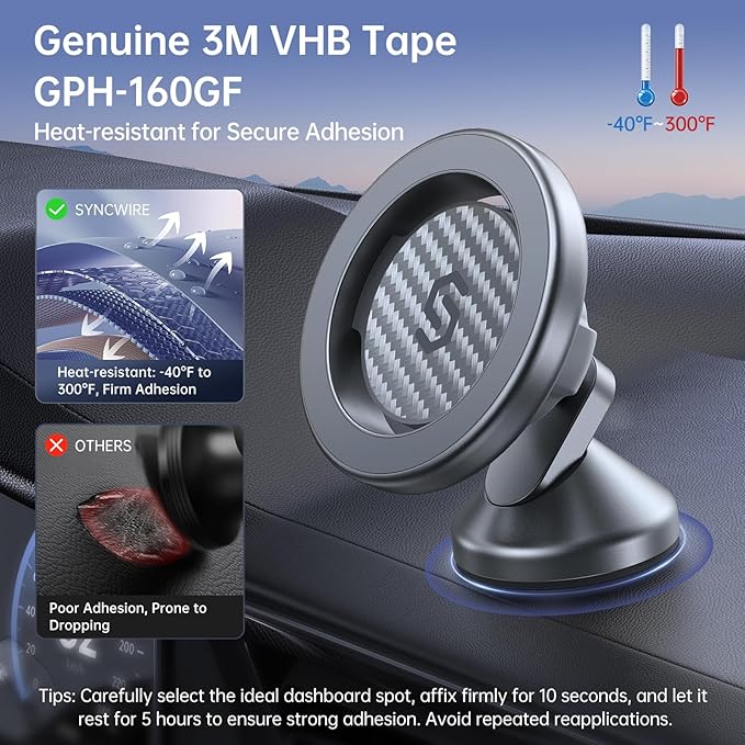 SYNCWIRE for MagSafe Car Mount - Kevlar Material Magnetic Phone Holder for Car Dash,360° Rotation Strong Magnets Car Phone Holder Compatible iPhone 16 Pro Max 15 14 13,Android MagSafe Car Accessories