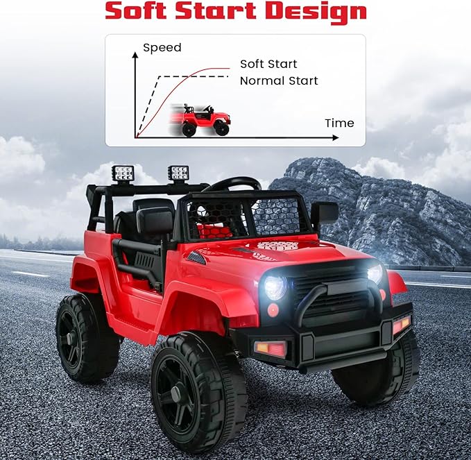 OLAKIDS Kids Ride On Truck, 12V Electric Vehicle Jeep Car with Remote Control, Toddlers Battery Powered Toy with 2 Speeds, Spring Suspension, Double Open Doors, LED Lights, Music, TF,USB, Mp3 (Garnet)