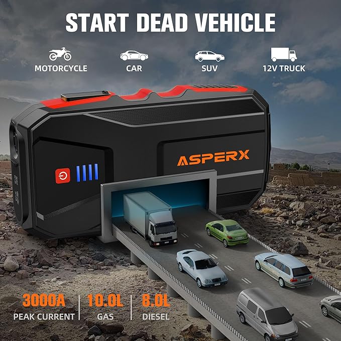 ASPERX 3000A Jump Starter for Car Battery, 12V Portable Jump Box with LED Light & Smart Jumper Cables, BMS for Up to 10.0L Gas or 8.0L Diesel Engines-Red